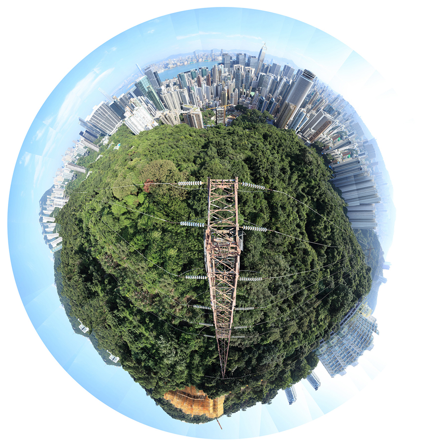 Electricity Tower - Wan Chai I – Hong Kong – 6-10-2016 - 360 degree conceptual landscape photography from the summit of a transmission tower. Turning urban exploring and adventure into conceptual art