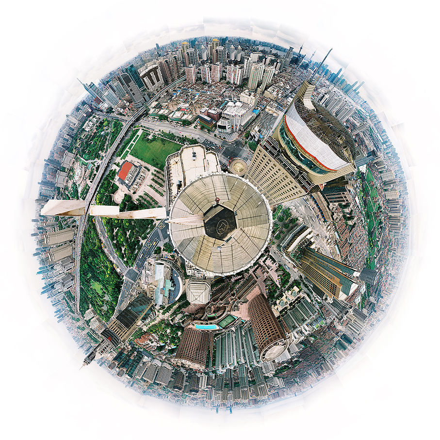 360 panorama view of skyline of Shanghai from the Golden Bell Tower